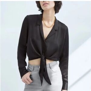 ARITZIA Wilfred Black Silky Front Tie Button Up Long Sleeve Blouse Top S